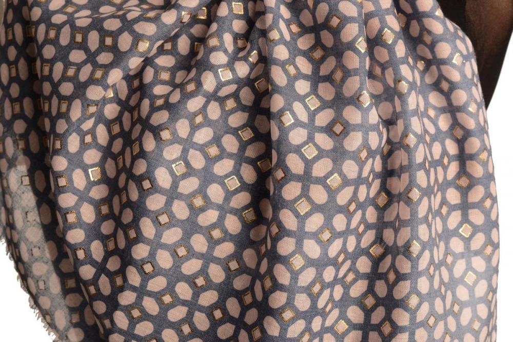 Liss Kiss Pink Moroccan Diamond Grid With Gold Trim On Blue Scarf - Scarf