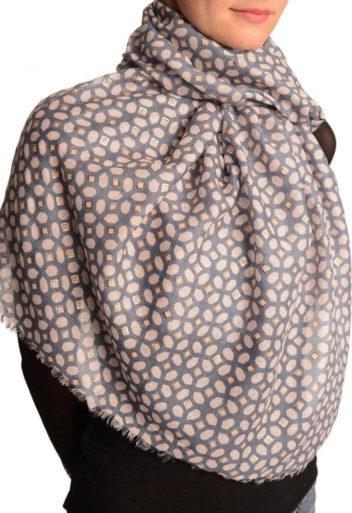 Liss Kiss Pink Moroccan Diamond Grid With Gold Trim On Blue Scarf - Scarf