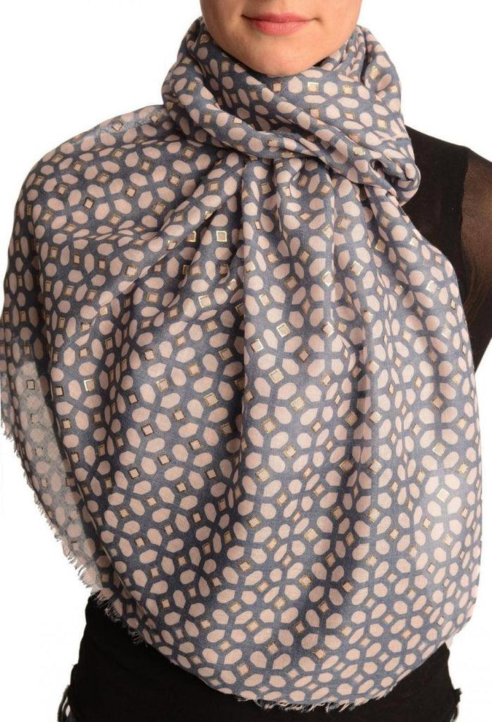 liss kiss Pink Moroccan Diamond Grid With Gold Trim On Blue Scarf - Scarf