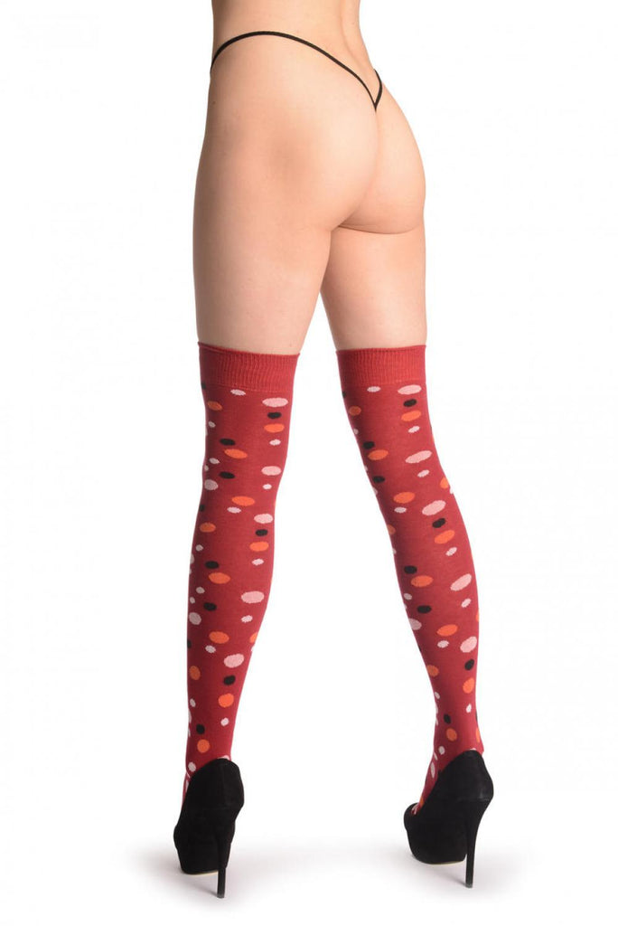 Liss Kiss Pink Orange & Black Dots On Dark Red - Over The Knee Socks