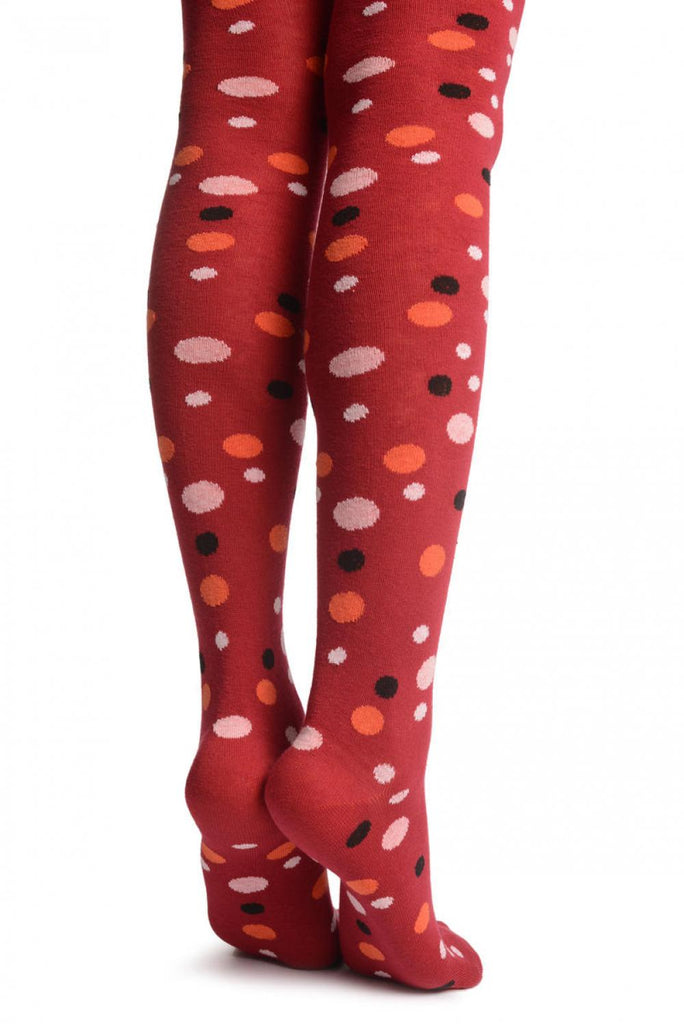 Liss Kiss Pink Orange & Black Dots On Dark Red - Over The Knee Socks