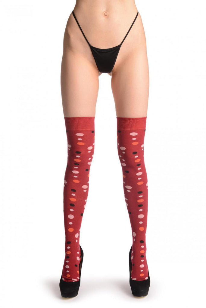 Liss Kiss Pink Orange & Black Dots On Dark Red - Over The Knee Socks