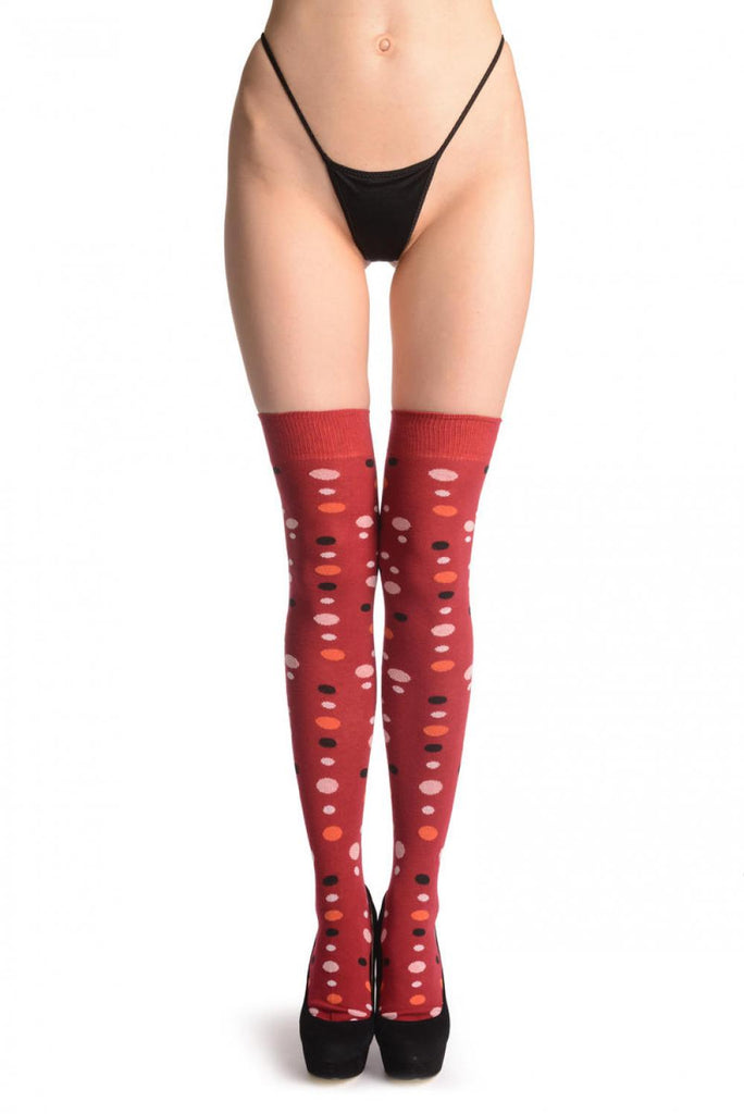 Liss Kiss Pink Orange & Black Dots On Dark Red - Over The Knee Socks