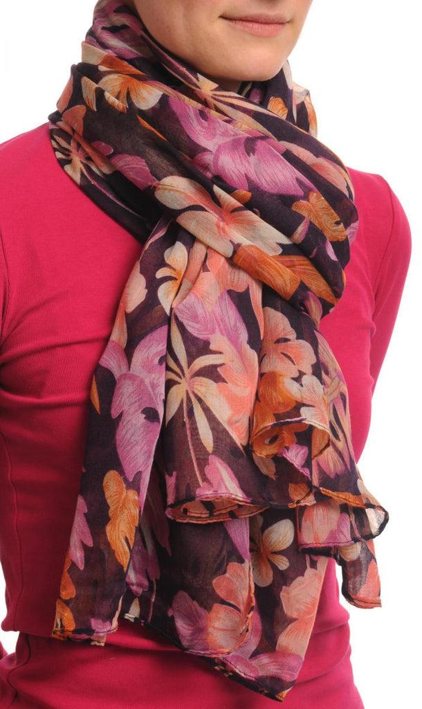 Liss Kiss Pink & Orange Palm Leaves On Purple Unisex Scarf & Beach Sarong - Scarf