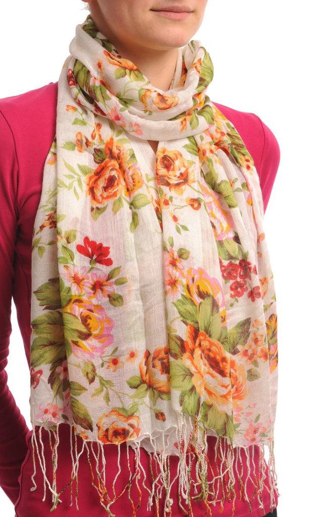 Liss Kiss Pink & Orange Roses On White With Tassels - Scarf