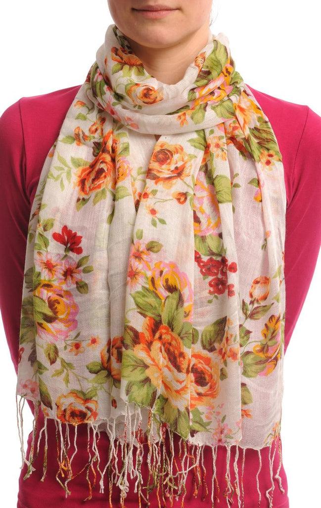 liss kiss Pink & Orange Roses On White With Tassels - Scarf