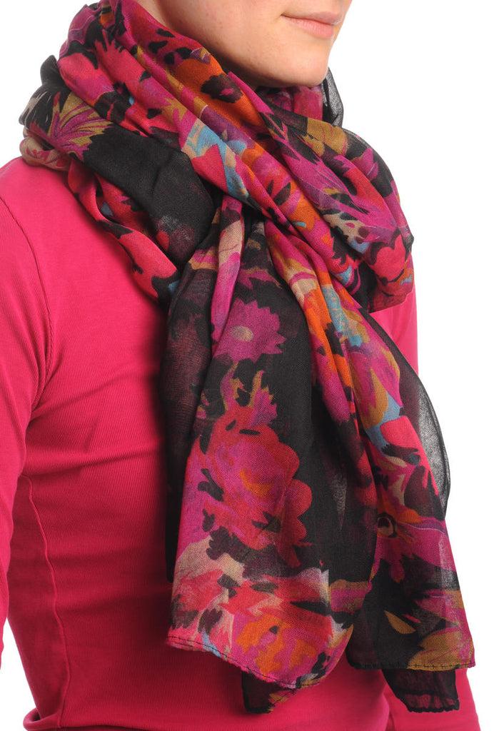 Liss Kiss Pink & Orange Vintage Flowers On Black Unisex Scarf & Beach Sarong - Scarf