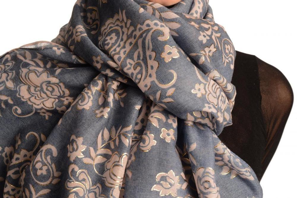 Liss Kiss Pink Paisley With Gold Trim On Blue Scarf - Scarf