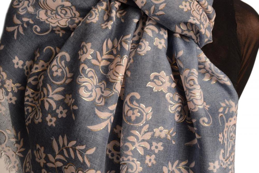 Liss Kiss Pink Paisley With Gold Trim On Blue Scarf - Scarf