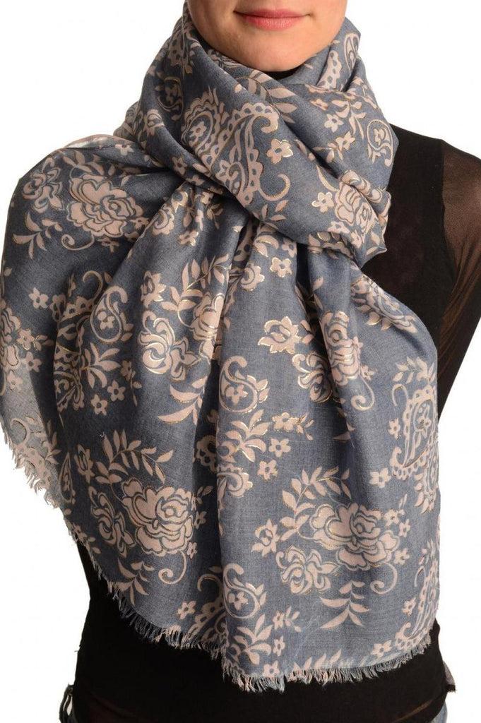 liss kiss Pink Paisley With Gold Trim On Blue Scarf - Scarf