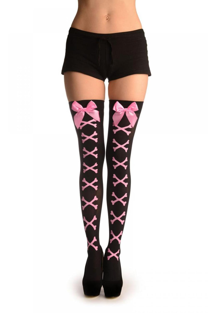 liss kiss Pink Printed Cross Bones & Satin Bow - Hold Ups