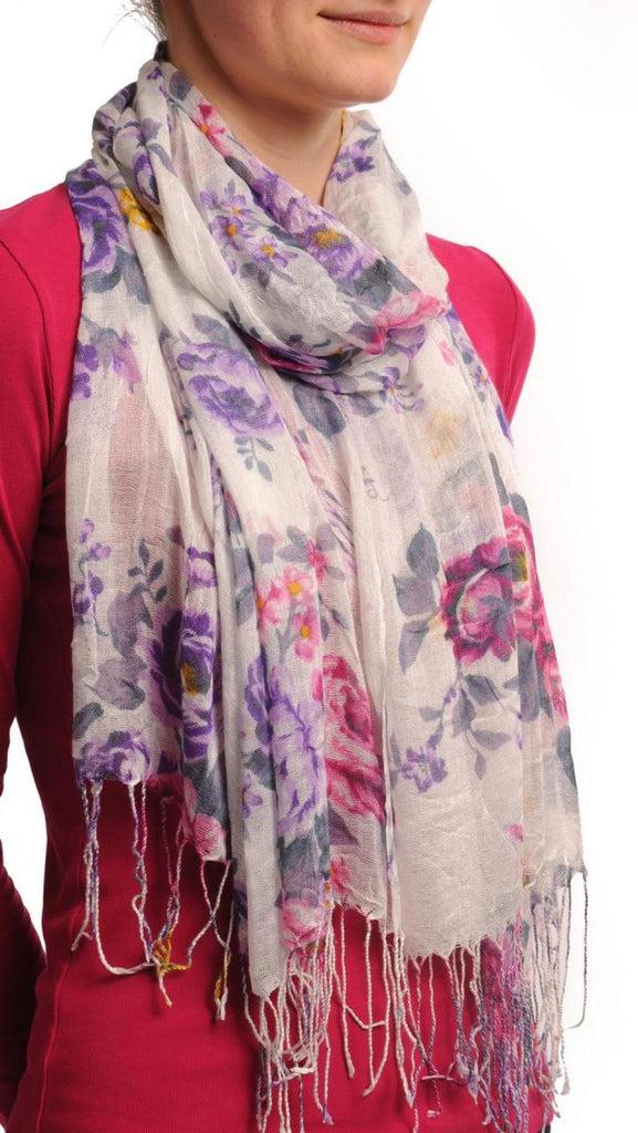 Liss Kiss Pink & Purple Roses On White With Tassels - Scarf