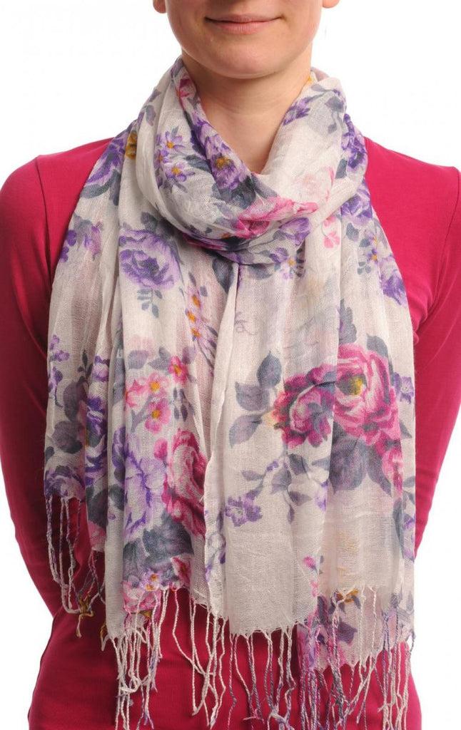 liss kiss Pink & Purple Roses On White With Tassels - Scarf