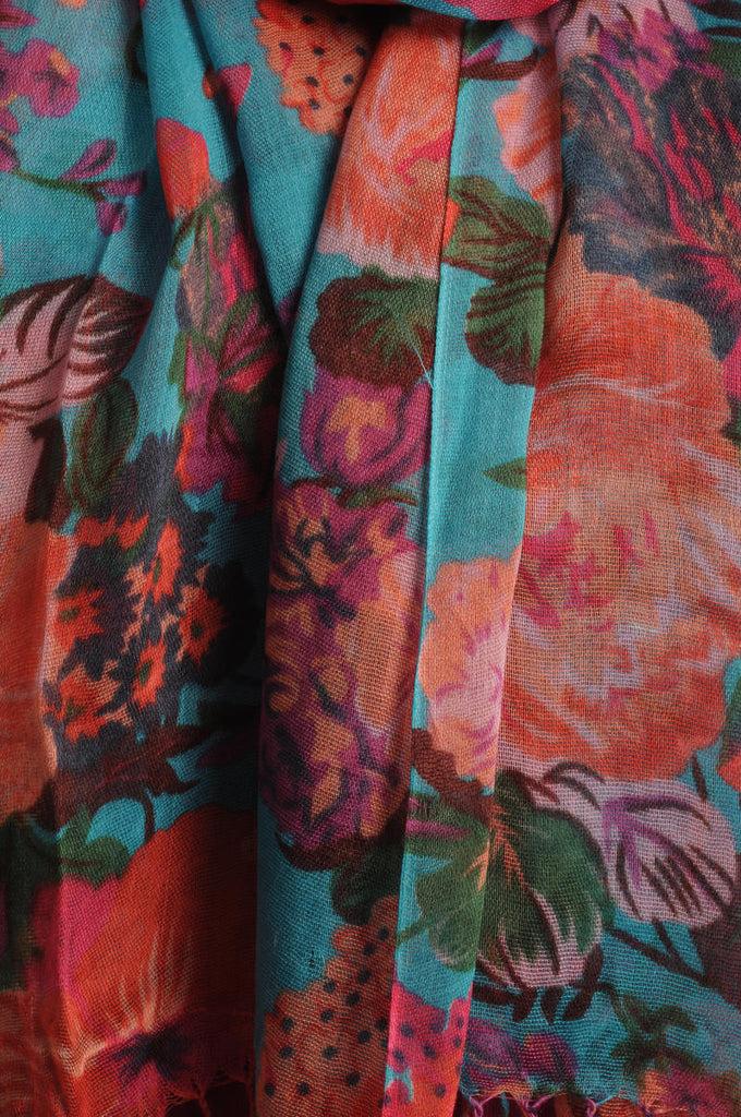 Liss Kiss Pink & Purple Summer Garden Flowers On Blue - Scarf