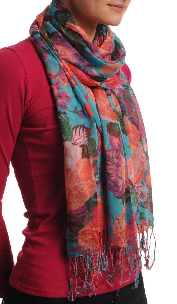 Liss Kiss Pink & Purple Summer Garden Flowers On Blue - Scarf