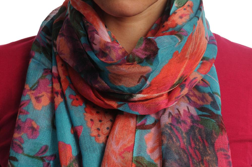 Liss Kiss Pink & Purple Summer Garden Flowers On Blue - Scarf