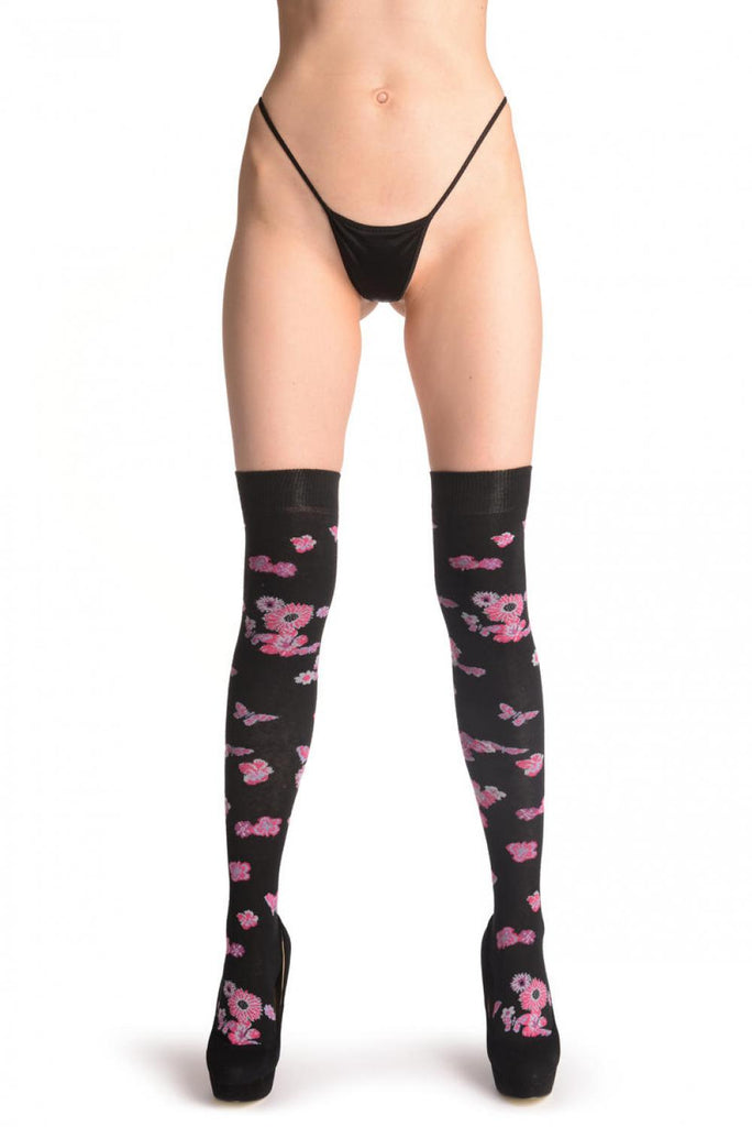 Liss Kiss Pink & Red Camomile Flowers And Butterflies On Black - Over The Knee Socks