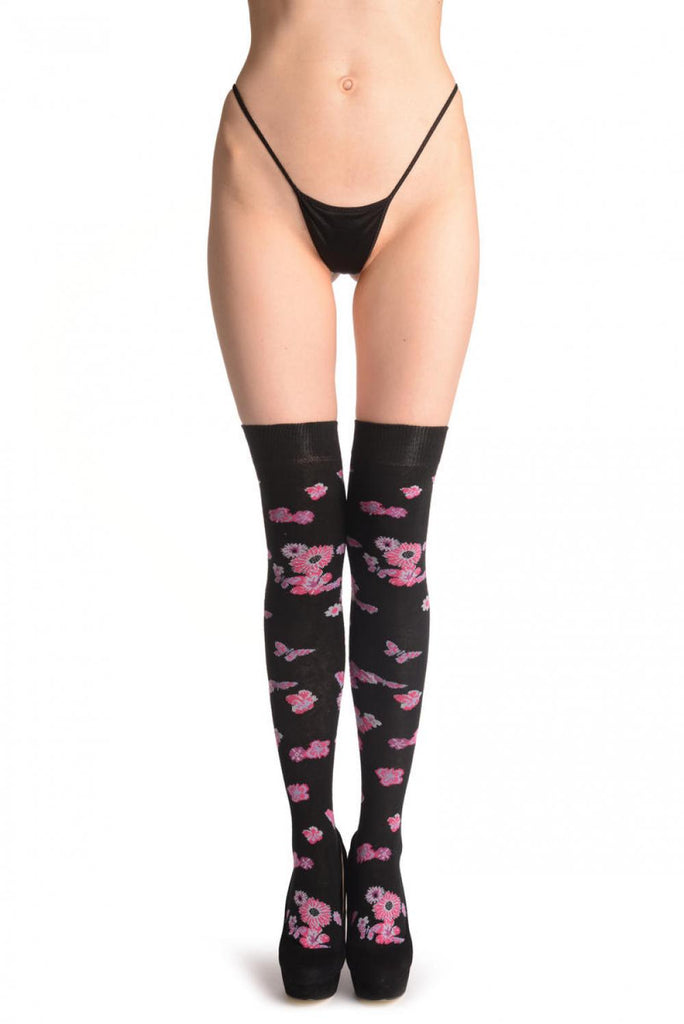 liss kiss Pink & Red Camomile Flowers And Butterflies On Black - Over The Knee Socks