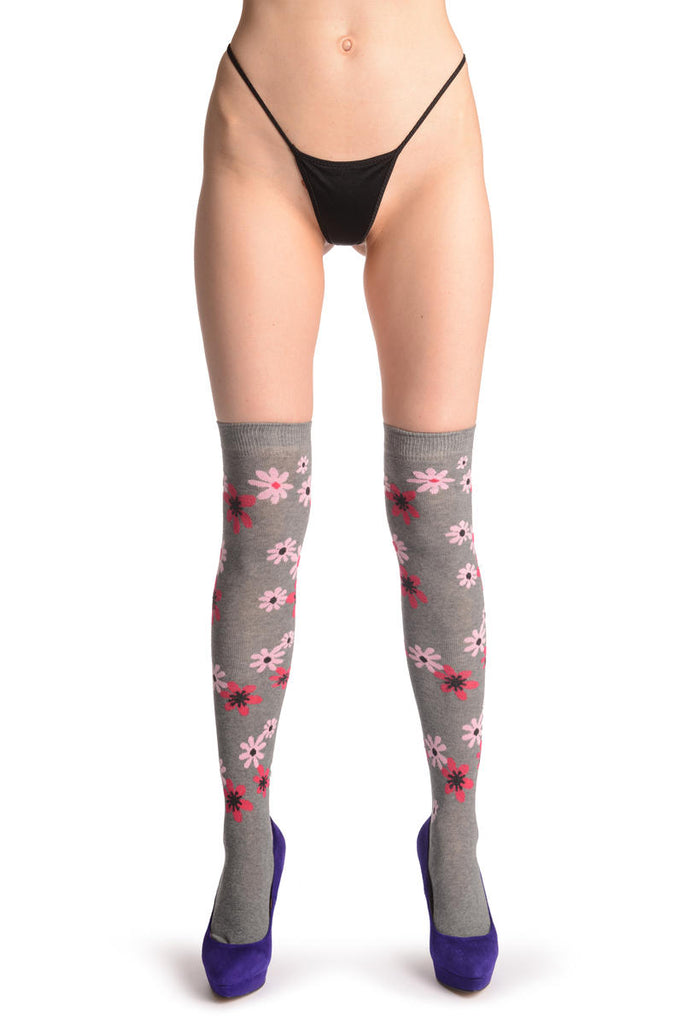 Liss Kiss Pink & Red Flowers On Grey - Over The Knee Socks