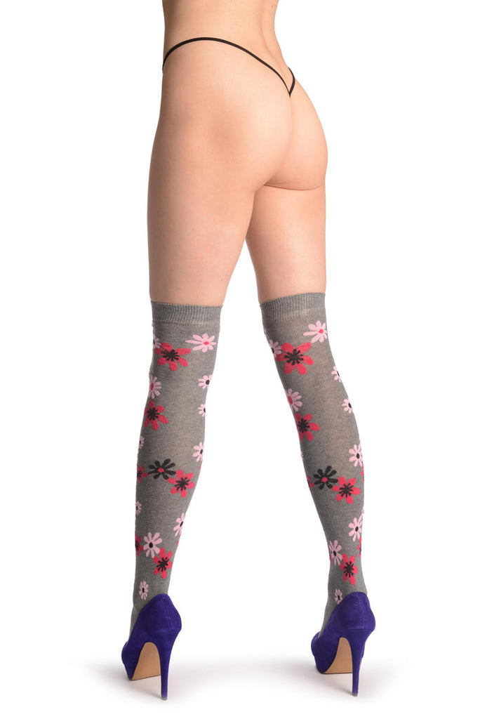 Liss Kiss Pink & Red Flowers On Grey - Over The Knee Socks