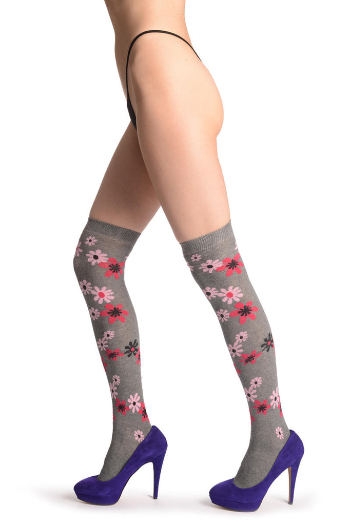 Liss Kiss Pink & Red Flowers On Grey - Over The Knee Socks