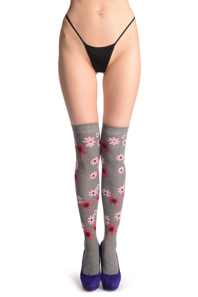 Liss Kiss Pink & Red Flowers On Grey - Over The Knee Socks