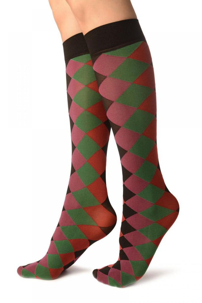 Liss Kiss Pink Red Green & Black Argyle Socks Knee High - Socks