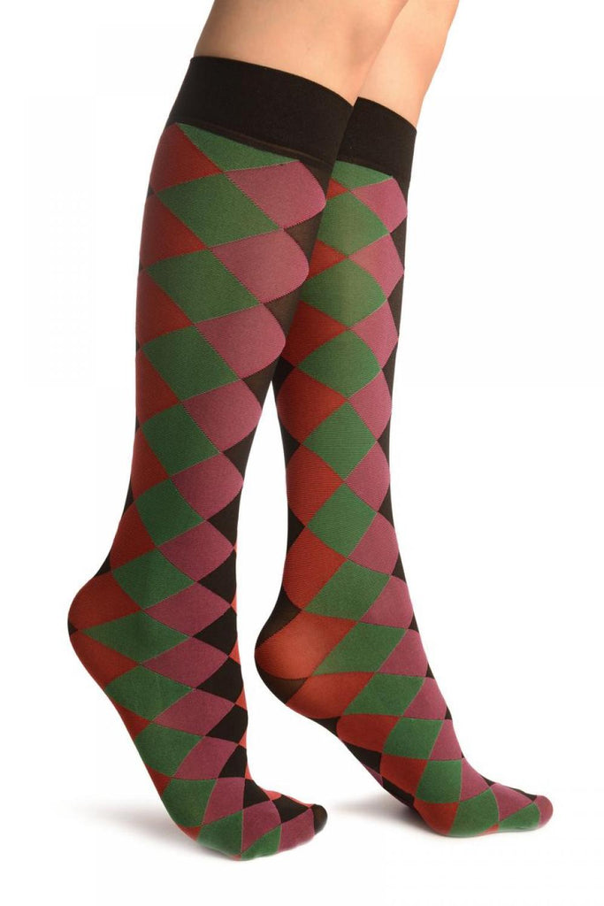 Liss Kiss Pink Red Green & Black Argyle Socks Knee High - Socks