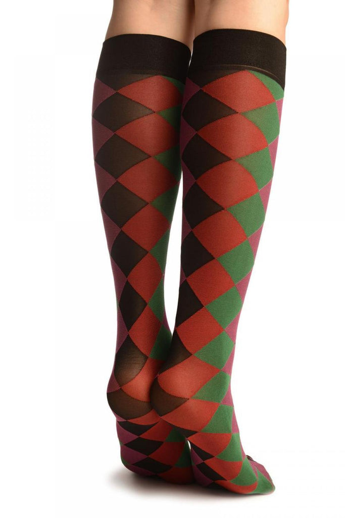 Liss Kiss Pink Red Green & Black Argyle Socks Knee High - Socks