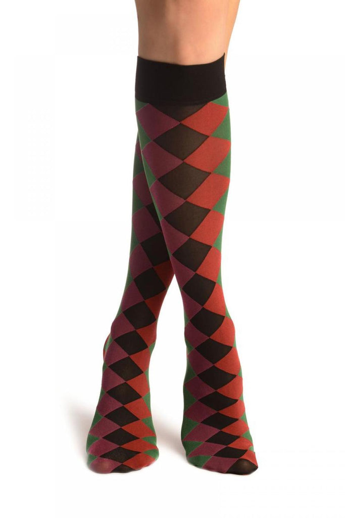 liss kiss Pink Red Green & Black Argyle Socks Knee High - Socks