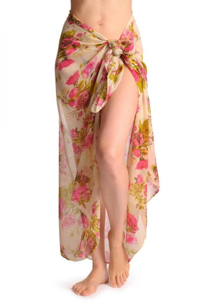 Liss Kiss Pink Roses On Beige Unisex Scarf & Beach Sarong - Scarf