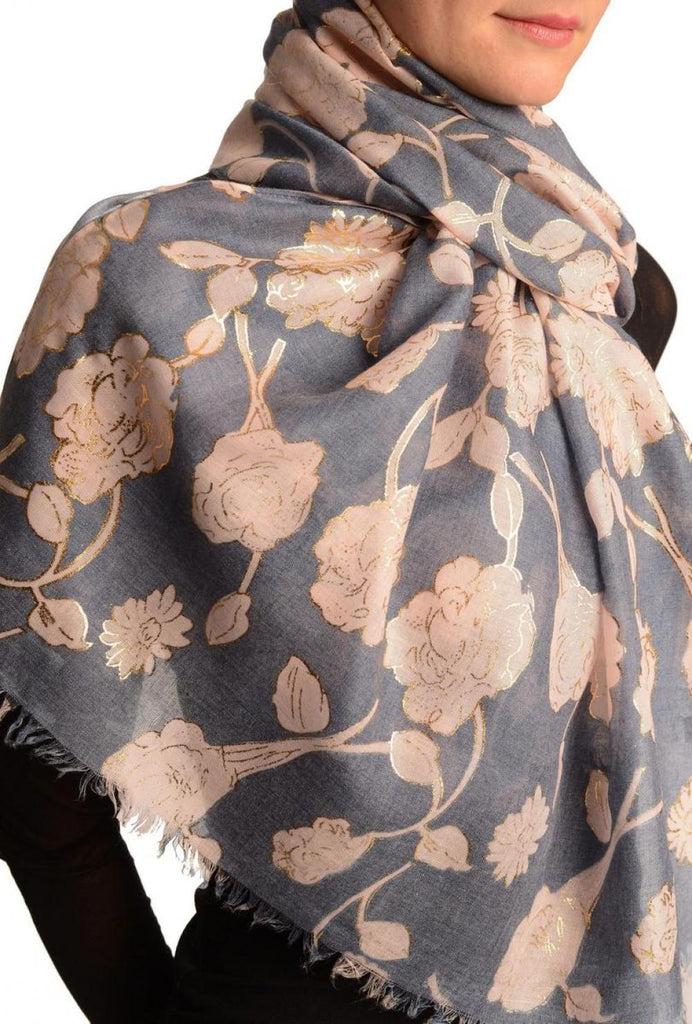 Liss Kiss Pink Roses With Gold Trim On Blue Scarf - Scarf
