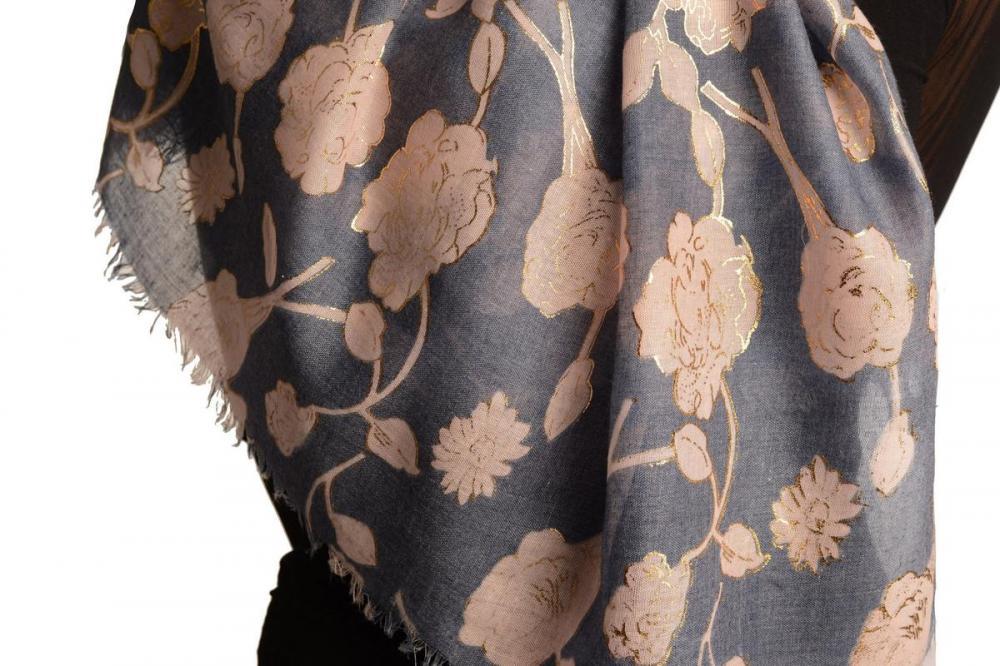 Liss Kiss Pink Roses With Gold Trim On Blue Scarf - Scarf