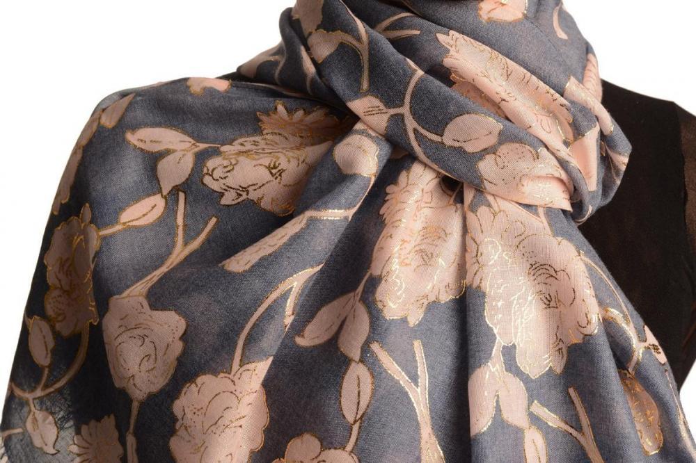 Liss Kiss Pink Roses With Gold Trim On Blue Scarf - Scarf