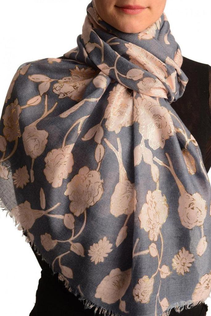 liss kiss Pink Roses With Gold Trim On Blue Scarf - Scarf