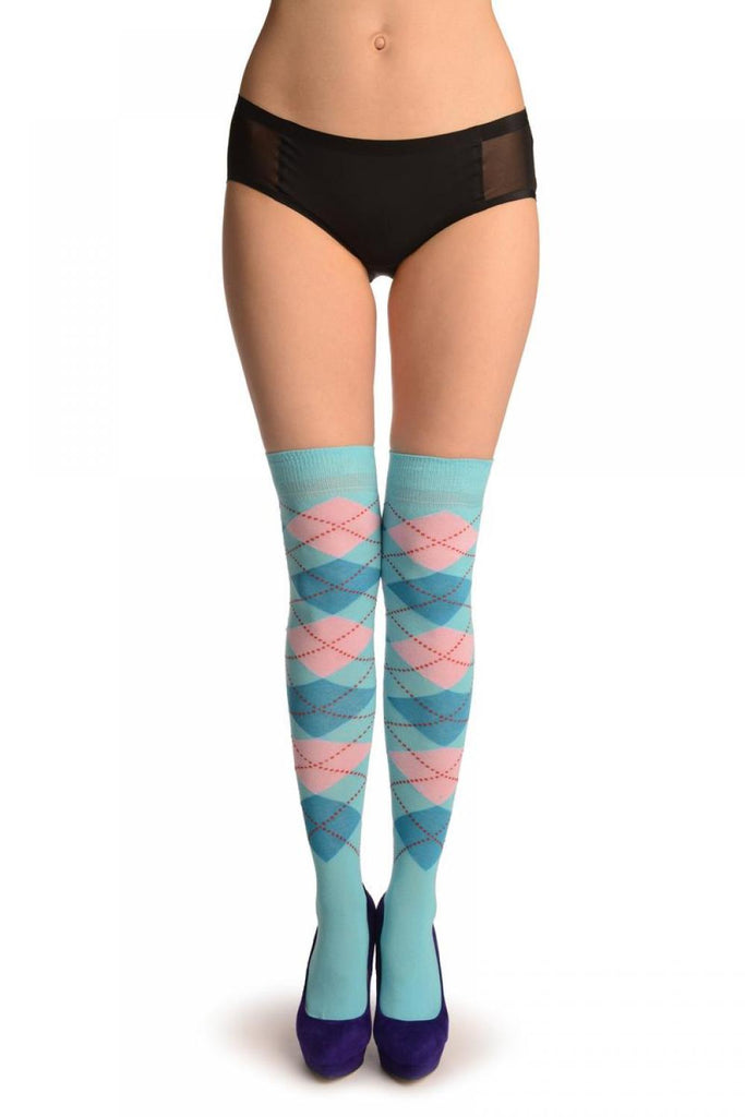 Liss Kiss Pink Royal Blue & Blue Argyle - Over The Knee Socks