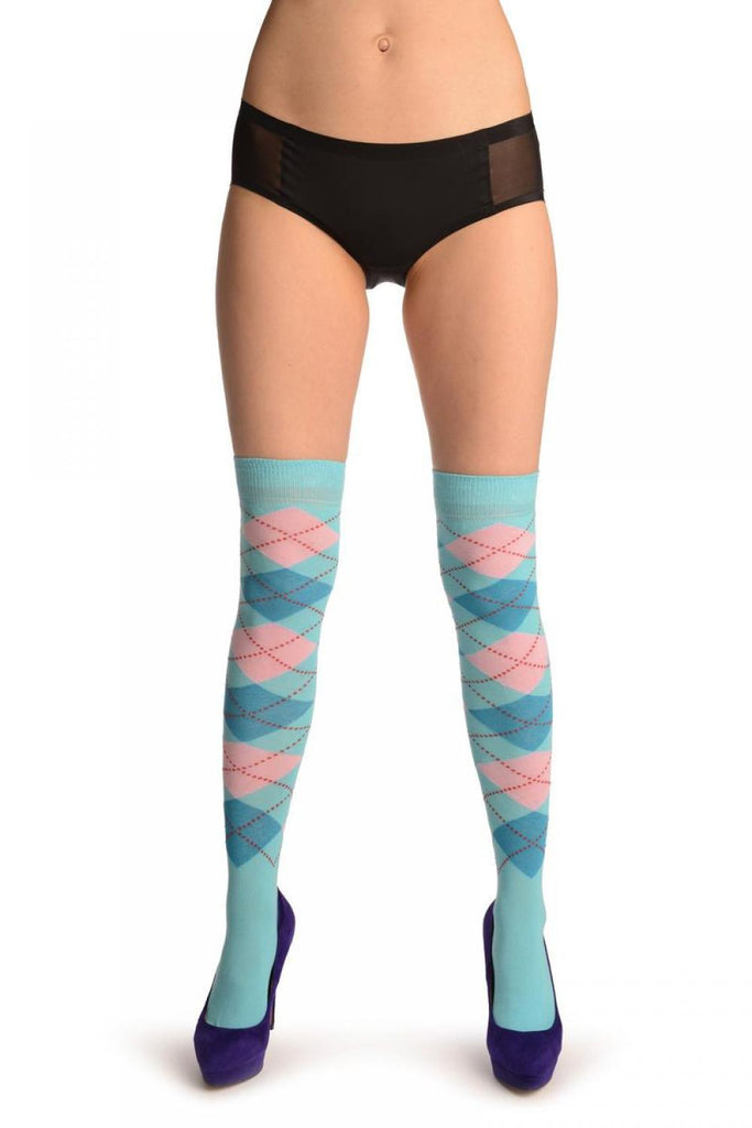 Liss Kiss Pink Royal Blue & Blue Argyle - Over The Knee Socks
