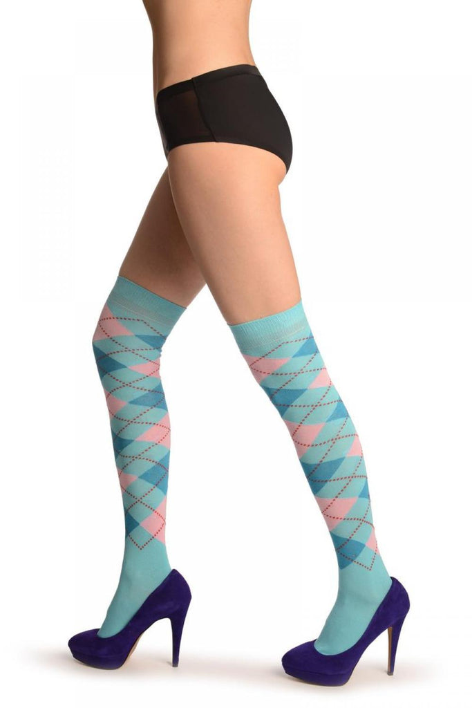 Liss Kiss Pink Royal Blue & Blue Argyle - Over The Knee Socks