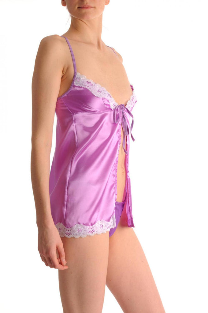 liss kiss Pink Satin Babydoll With White Lace Trim - Babydoll