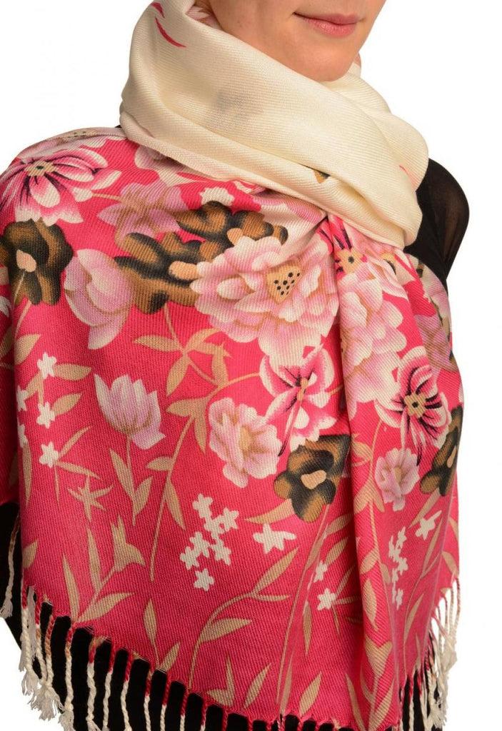 Liss Kiss Pink Spring Flowers On White Pashmina Feel With Tassels - Scarf