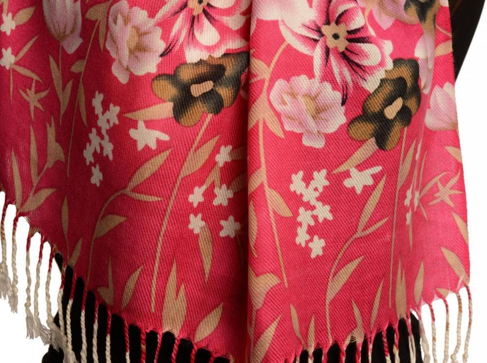 Liss Kiss Pink Spring Flowers On White Pashmina Feel With Tassels - Scarf