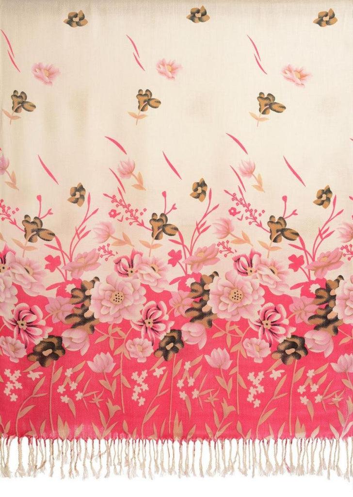 Liss Kiss Pink Spring Flowers On White Pashmina Feel With Tassels - Scarf
