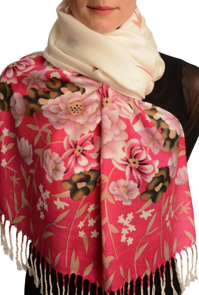 liss kiss Pink Spring Flowers On White Pashmina Feel With Tassels - Scarf