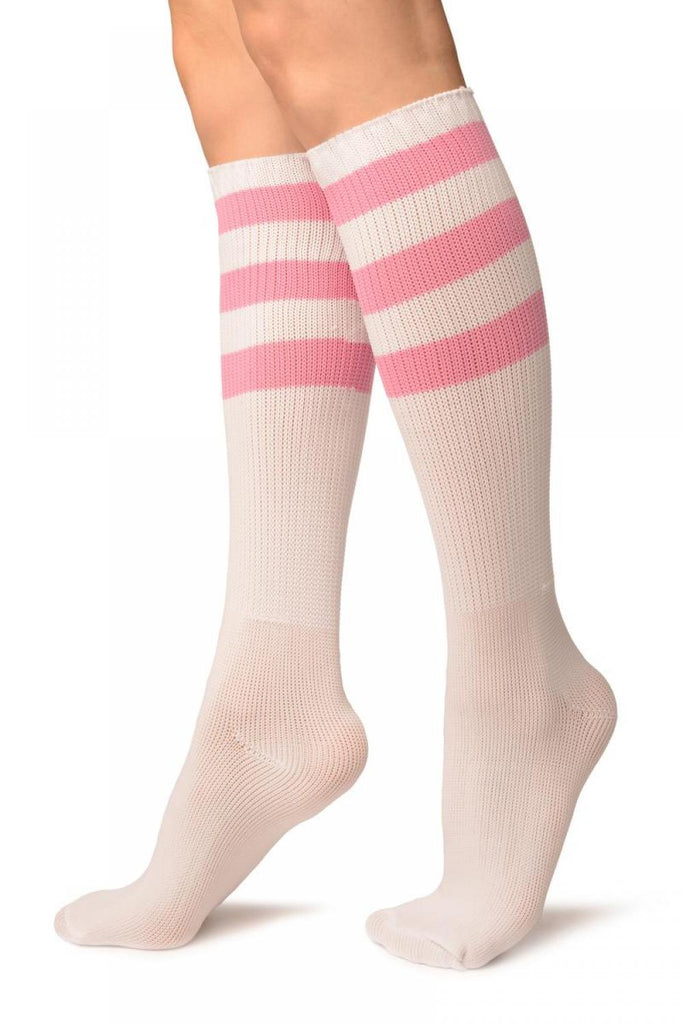 Liss Kiss Pink Stripes On White (Referee) Socks Knee High - Socks