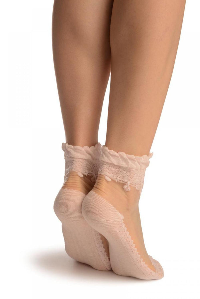 Liss Kiss Pink Versalles Lace On Invisible Mesh Ankle High Socks - Socks
