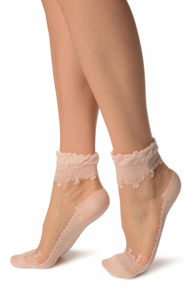 Liss Kiss Pink Versalles Lace On Invisible Mesh Ankle High Socks - Socks