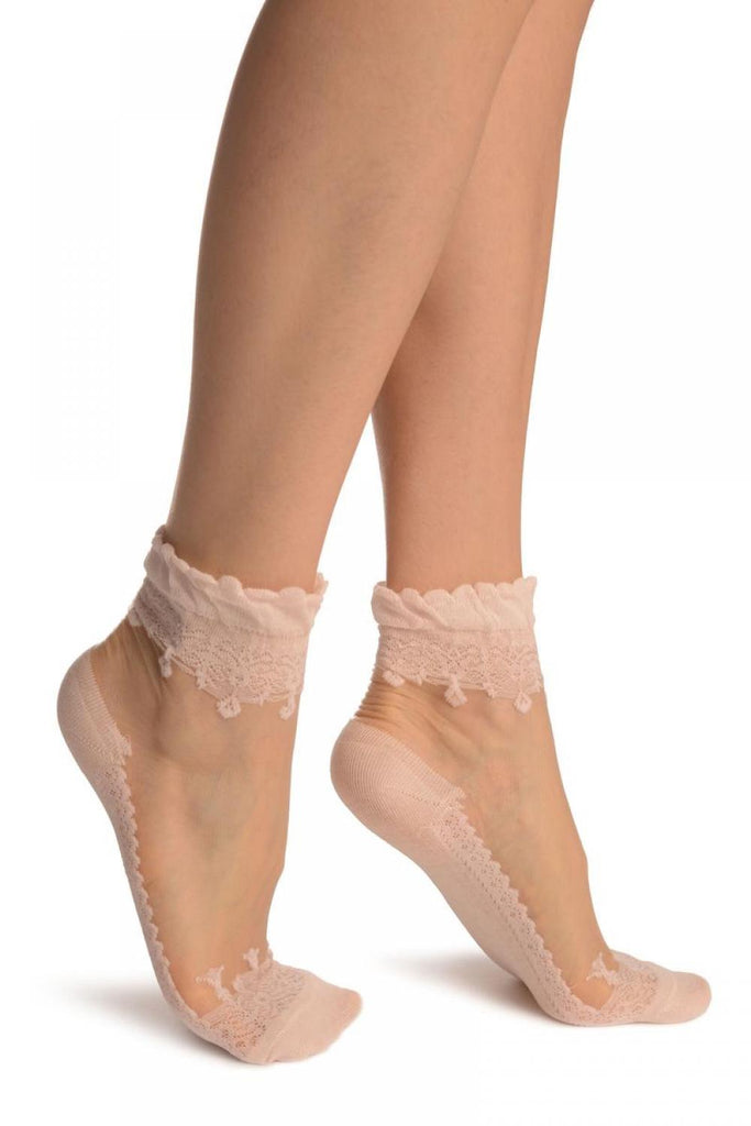 Liss Kiss Pink Versalles Lace On Invisible Mesh Ankle High Socks - Socks