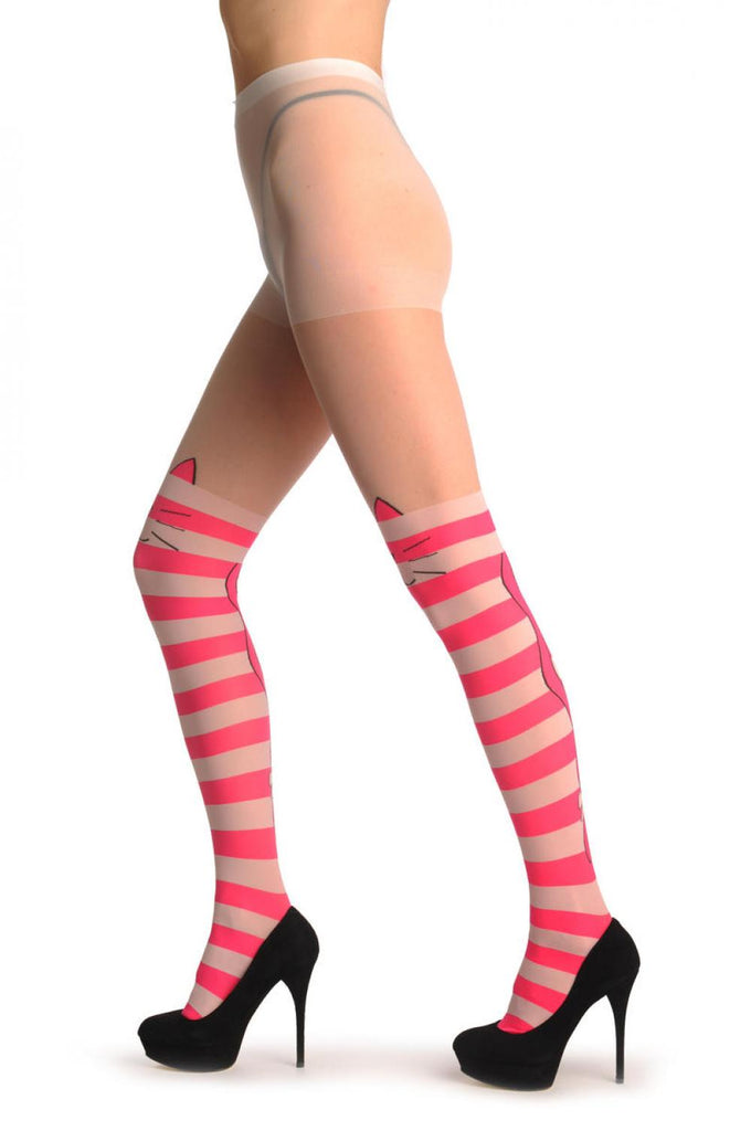 Liss Kiss Pink & White Stripes With Over The Knee Cute Cat - Tights