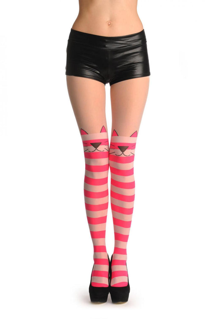 liss kiss Pink & White Stripes With Over The Knee Cute Cat - Tights