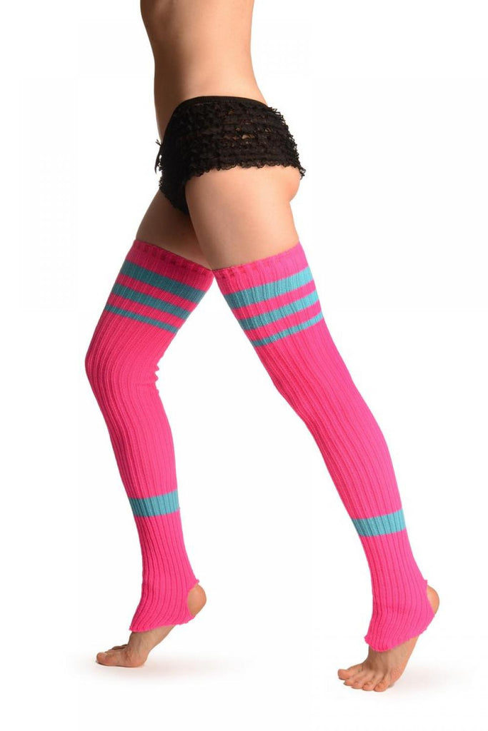 liss kiss Pink With Blue Referee Stripes Stirrup Dance/Ballet Leg Warmers - Leg Warmers